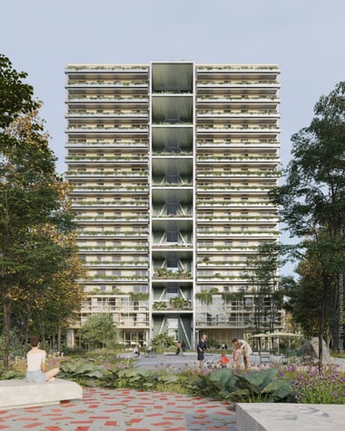 Hohes Gebäude mit modernen Balkonen, Menschen im grünen Park.