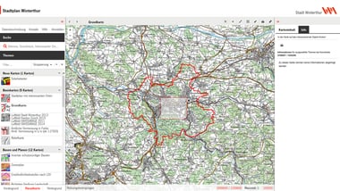Screenshot einer Kartenanwendung mit markierter Region.