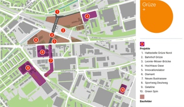 Stadtplan mit markierten Projektstandorten und Legende.