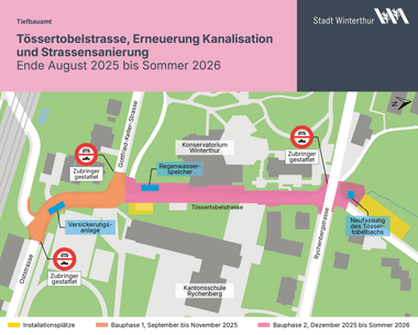 Karte der Tössertobelstrasse Bauphasen 2025-2026 in Winterthur.