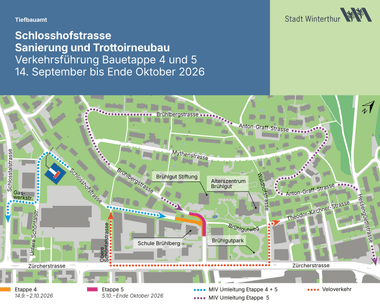 Stadtplan mit markierten Umleitungen und Bauphasen.