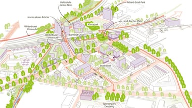 Illustration eines städtischen Plans mit Gebäuden, Strassen und Bäumen.