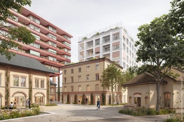 Moderner Gebäudekomplex mit Bäumen und Personen auf dem Platz.