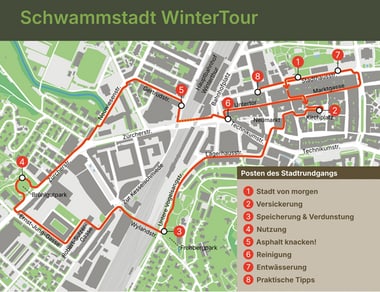 Stadtplan mit markiertem Stadtrundgang.