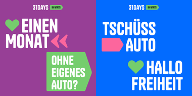 Zwei farbige Textbanner mit folgenden Slogans: "Einen Monat ohne eigenes Auto?" und " Tschüss Auto Hallo Freiheit"