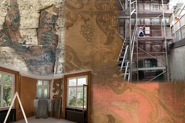 Collage von verschiedenen Restaurierungen an und in historischen Gebäuden