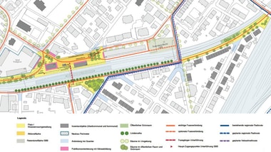 Stadtplan mit farbigen Markierungen und Legende.