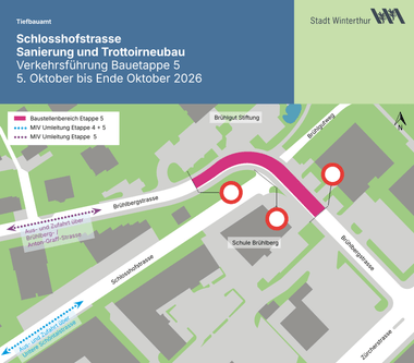Illustration eines Strassenbauplans mit Umleitungen und Markierungen.