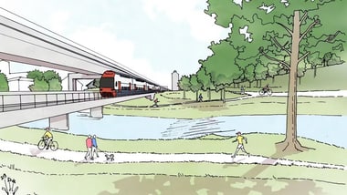 Illustration eines Parks mit einer Brücke, einem Zug und Menschen im Freien.