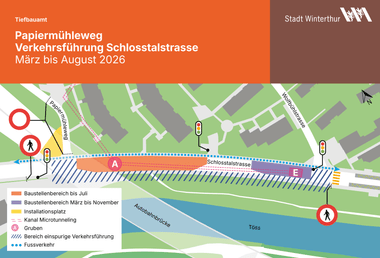 Karte der Umleitung Papiermühleweg, Schlossstalstrasse, Winterthur, März bis August 2026.