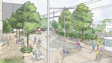 Städtische Strassenszene mit Bäumen, Gehweg und Menschen.