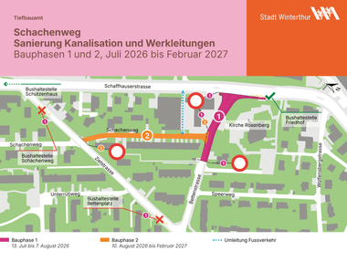 Diagramm zur Baustellensituation mit Umleitungen und Bauphasen.
