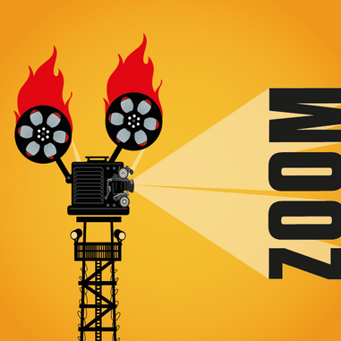 Illustration eines Filmprojektors mit brennenden Rollen und dem Wort 'ZOOM'.