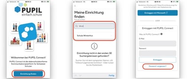 Drei Smartphone-Bildschirme, welche die Schritte der Erstanmeldung zeigen