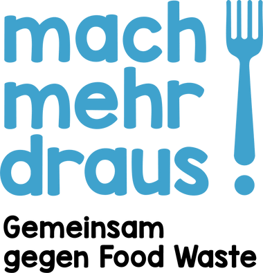 Blauer Text mit Gabelsymbol auf schwarzem Hintergrund.