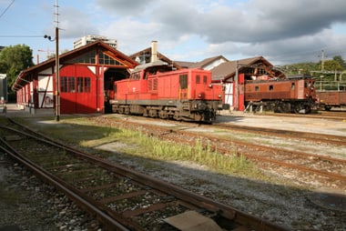 Zugdepot LIndareal mit abgestellten historischen Lokomotiven.