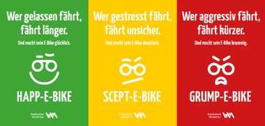 Werbeposter in Grün, Gelb und Rot mit stilisierten Gesichtern und Text.