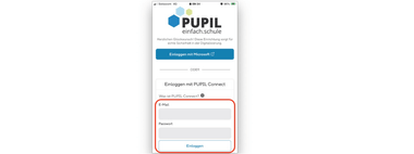 Bild, welches die Anmeldemaske der App PUPIL Connect zeigt