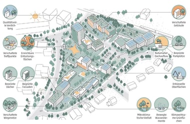 Illustration eines zukünftigen Stadtplans mit Gebäuden und Grünflächen.