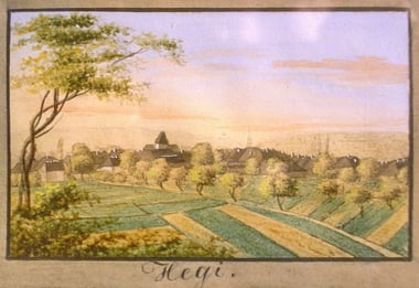 Gemaltes Landschaftsbild mit Bäumen und einem Dorf im Hintergrund.