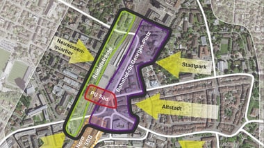 Stadtkarte mit farblich markierten Gebieten und Strassen.