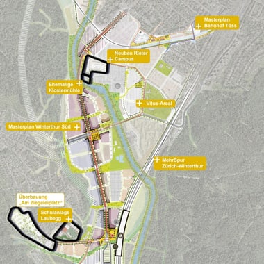 Stadtplan mit markierten Gebieten und Strassen.