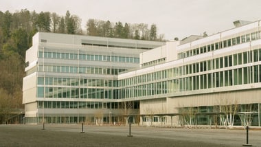 Moderne Bürogebäude mit Glasfassaden, umgeben von Bäumen.