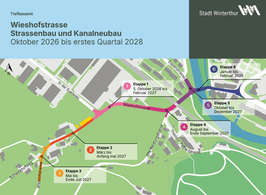 Stadtplan mit farbigen Bauphasen und Zeitrahmen.