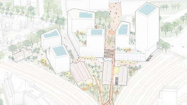 Illustration eines modernen Stadtgebiets mit hohen Gebäuden und grünen Flächen.